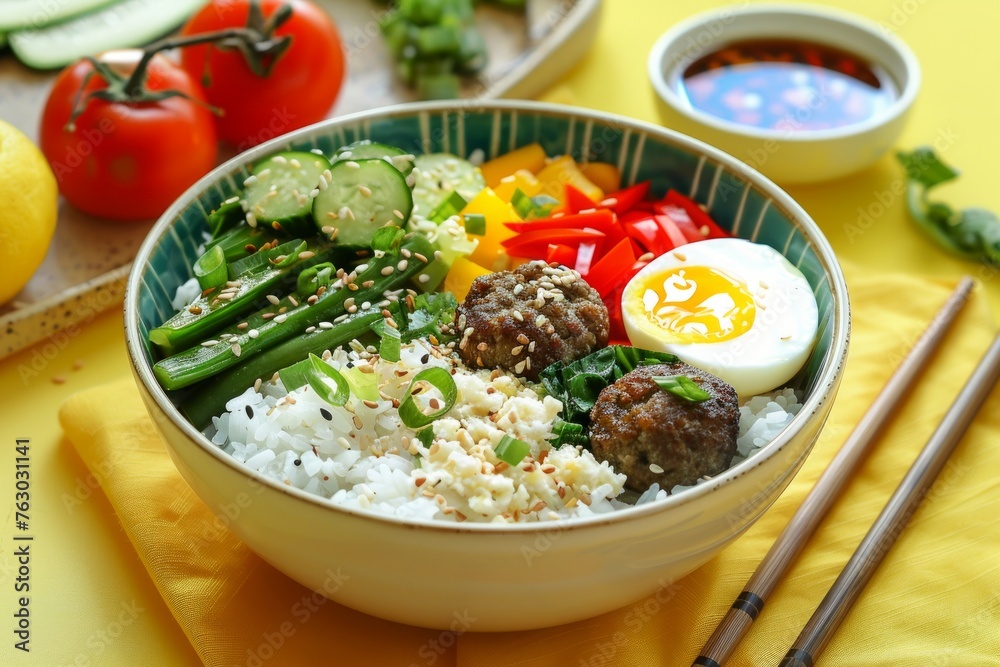Bowl of rice with vegetables, eggs, and plant-based meatballs in yellow table setting with chopsticks