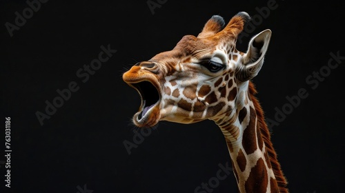 Photo portrait of a talking giraffe in close-up on a dark background. The animal screams in displeasure © Olga