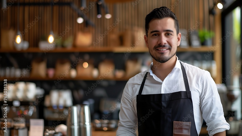 Portrait of a handsome barista in apron standing at a modern coffee shop Portrait of a handsome barista in apron standing at a modern coffee shop