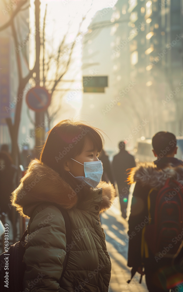 people wearing mask in the city with air pollution