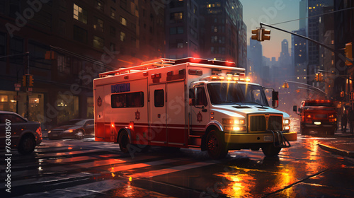 Emergency ambulance navigates city streets responding