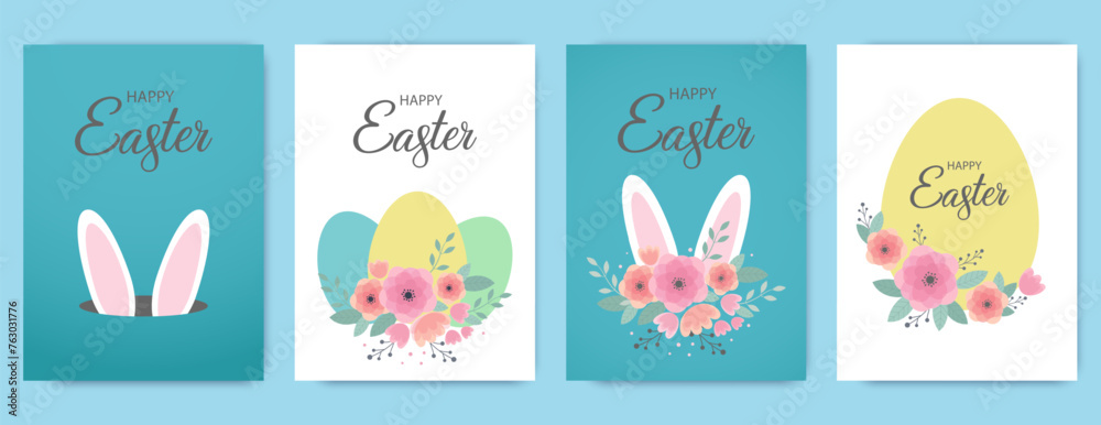 Happy Easter. Hand drawn Easter design with bunny ears, flowers and Easter eggs in pastel colors. Modern minimalistic style.Set of greeting cards. Happy Easter. Hand drawn Easter design with bunny ears, flowers and Easter eggs in pastel colors. Modern minimalistic style.Set of greeting cards.