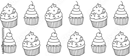 Cupcakes seamless pattern. Desserts and sweets in doodle style