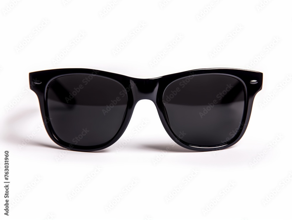 Sleek black sunglasses with a glossy finish isolated on white background, symbolizing fashion and eye protection.
