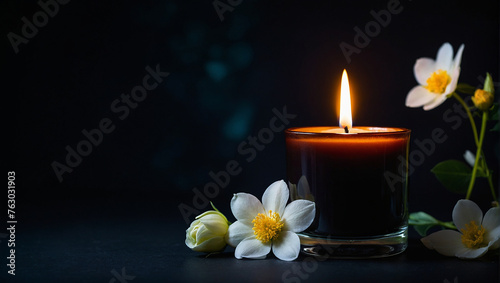 Four lit candles with white flowers next to them on a black background