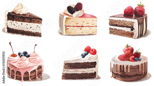 set of cakes with fruit isolated on white background  