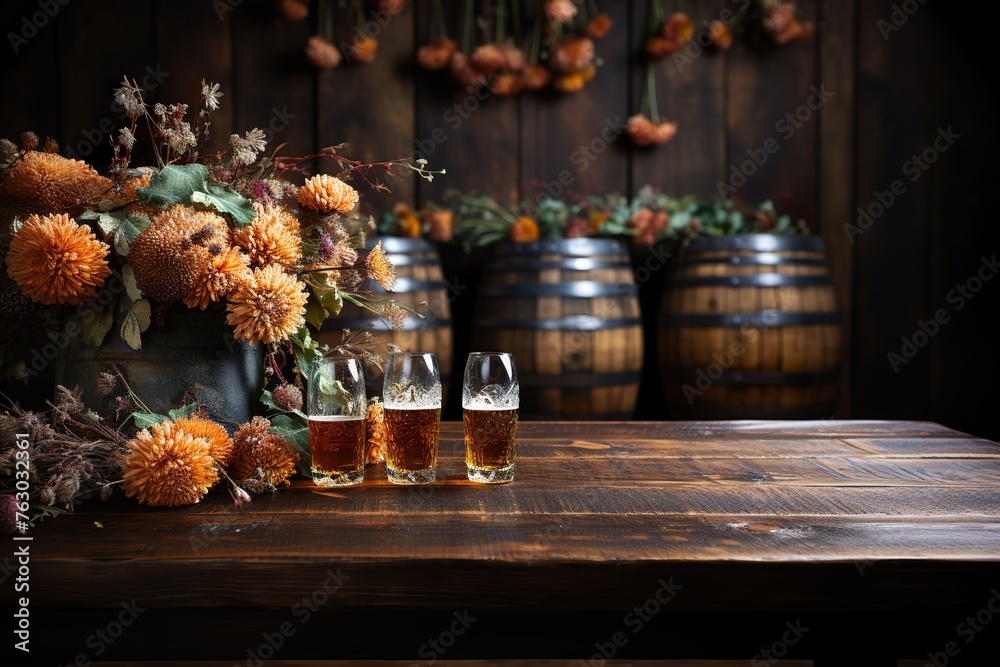 stylist and royal Oktoberfest beer barrel and beer glasses with wheat and hops on wooden table,