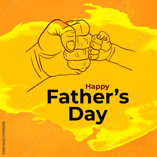 Illustration of a hand holding a child’s hand on a yellow background. Text reads "Happy Father’s Day."