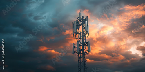 silhouette of a flock of black vultures on a tower in the sunset sky background mobile network 5g internet connection technology concept 3d rendering artwork concept  photo