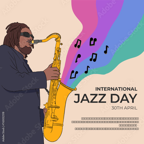 Illustration of a jazz musician playing saxophone on a pastel background with musical notes. Text reads "International Jazz Day