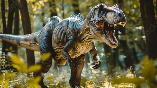 Tyrannosaurus rex in the forest. Dinosaur model.