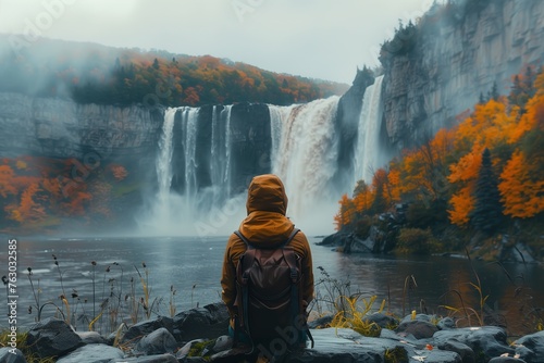 Person With Backpack Standing in Front of a Waterfall photo