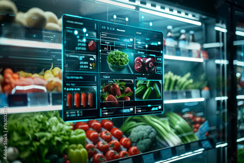 A digital display of a grocery store with a variety of fruits and vegetables. The display is illuminated and he is a part of a larger digital system - obrazy, fototapety, plakaty 