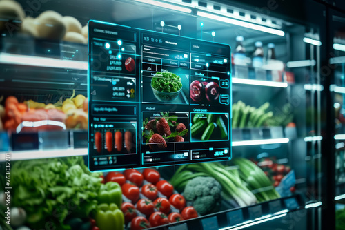 A digital display of a grocery store with a variety of fruits and vegetables. The display is illuminated and he is a part of a larger digital system