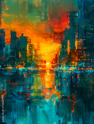 Abstract Painting of a City. Generated Image. A digital illustration of an abstract painting of a city at sunset as decorative art with reflections and a grid effect.