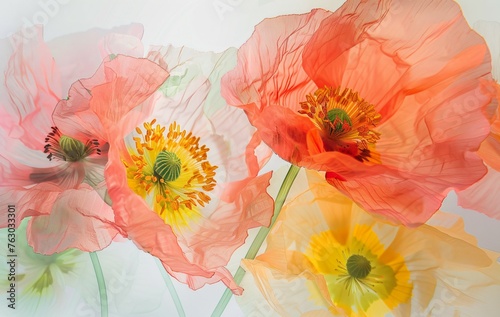 Close up of coral and pink poppies in the style of watercolor on a white background,