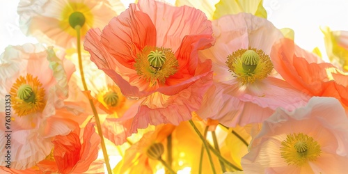 pink and orange poppies in the style of watercolor on a white background, with vibrant colors and a soft pastel color palette