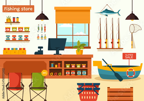Fishing Store Vector Illustration with Selling Various Fishery Equipment, Bait, Fish Catching Accessories or Items on Flat Cartoon Background