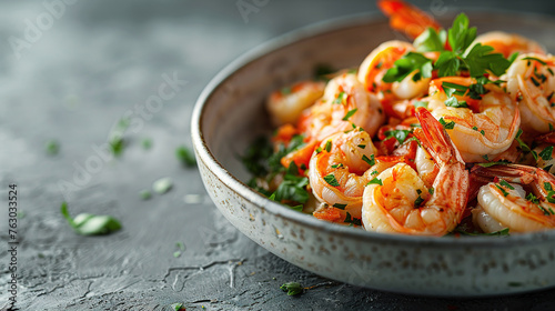 shrimp scampi, placed on a table in a dish, with empty copy space, grey background, food photography