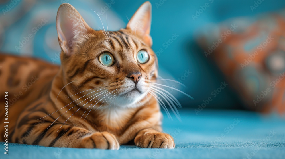 Bengal cat looks intently. Feline on blue background. Beautiful purebred cat, pet lies on the sofa
