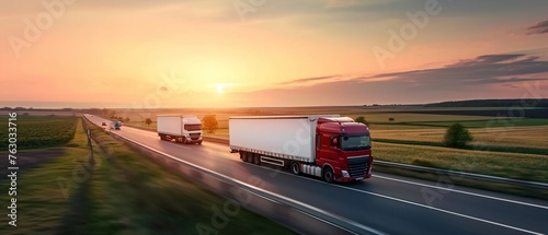 Convoy of Trucks on Highway Sunset