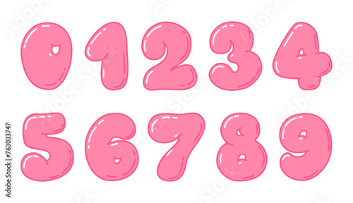 Bubble style pink numbers from 0 to 9. Childish plump digits. Y2K style. Preschool math game, milestones, birthday cards. Vector illustration isolated on white background