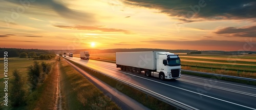 Convoy of Trucks on Highway Sunset