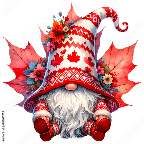 Canadian Gnome wearing red white pattern outfit sitting happily with gigantic maple leaf watercolor clip art. Independence day in canada theme.