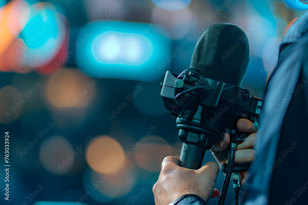 a close-up scene of a commentator holding a microphone, conveying the passion and energy of their commentary a close-up scene of a commentator holding a microphone, conveying the passion and energy of their commentary