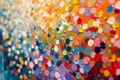 A close-up of a pointillist painting, focusing on the multitude of colorful dots creating a shimmering image