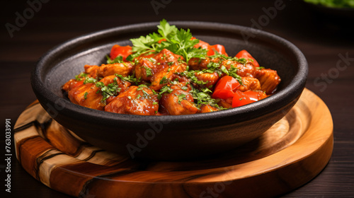 Fresh meat in tomato sauce and parsley served in black