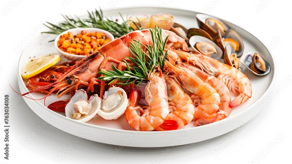 a plate filled with seafood and fish elements a plate filled with seafood and fish elements
