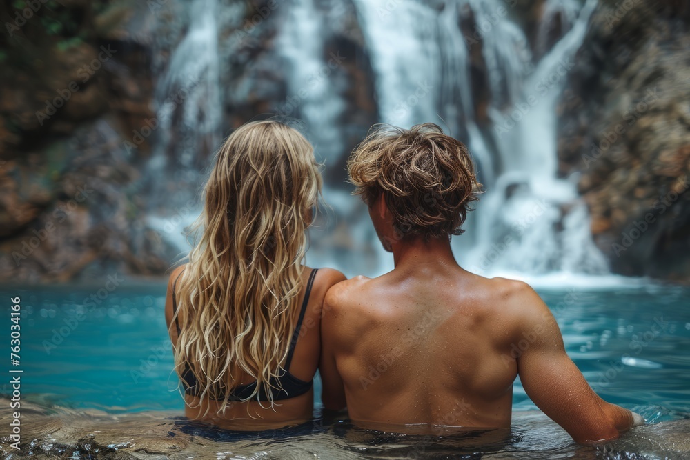 A couple enjoying a serene moment together in a natural hot spring with a waterfall in the background.