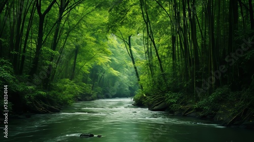 River in the wild with bamboo forests and sunlight