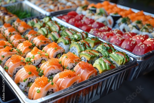 A diverse sushi assortment displayed on a tray, showcasing various rolls and nigiri with vibrant toppings.