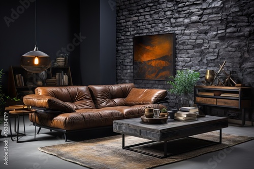 stylist and royal Stylish interior of room with comfortable big sofa near dark brick wall, space for text © ranjan