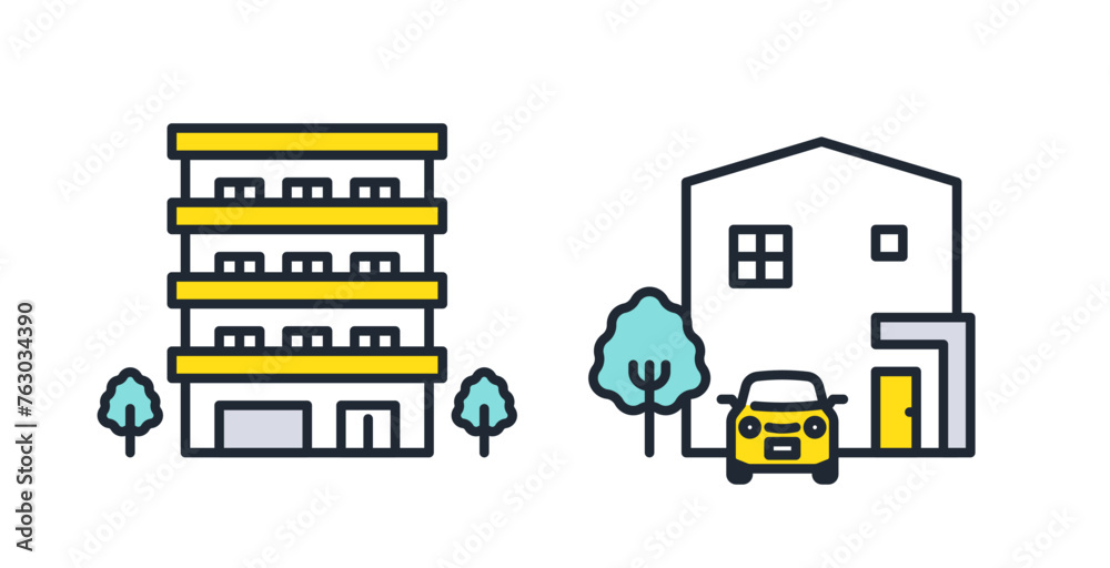 マンションと一戸建てのシンプルなベクターアイコンイラストセット素材 マンションと一戸建てのシンプルなベクターアイコンイラストセット素材