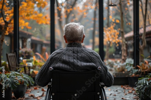 An elder person in a wheelchair admires the autumn view in a glasshouse with fallen leaves.
