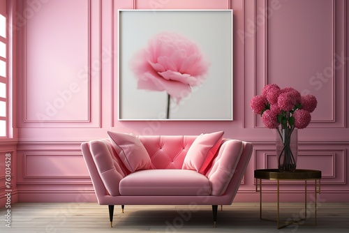 stylist and royal Picture frame with abstract art by a pink velvet armchair, space for text, photographic