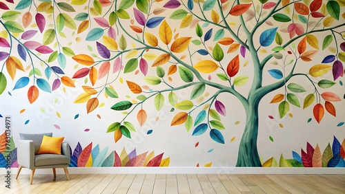 Vibrant Tree Illustration: Colorful Leaves on Hanging Branches - Abstract Floral Wallpaper