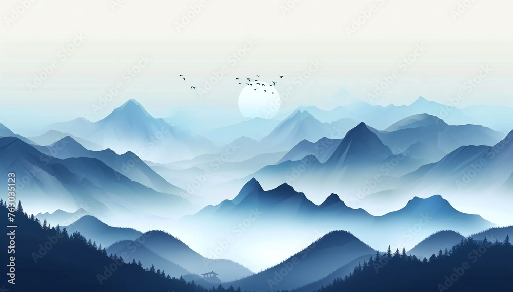 Mountainous Landscape with Mist and Flying Birds