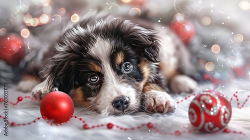 Australian Shepherd Puppy Red Christmas, Banner Image For Website, Background, Desktop Wallpaper