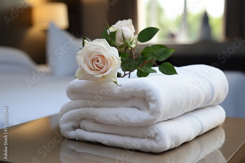 stylist and royal Roll of clean bath towel on white table, copy space | folded terry towels lie on clean white bed photo