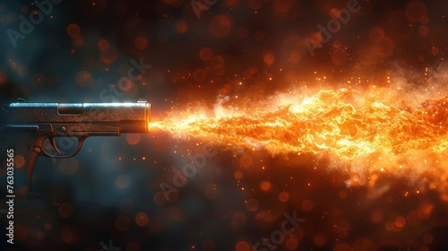 A realistic muzzle flash and shotgun fire and smoke are isolated on a transparent background as part of this modern illustration. The 3D blast motion flashes after the weapon shot are arranged in a photo