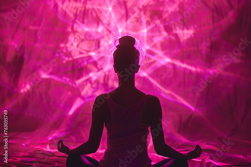 Meditative State, Silhouette Against Radiant Pink Laser Light Show