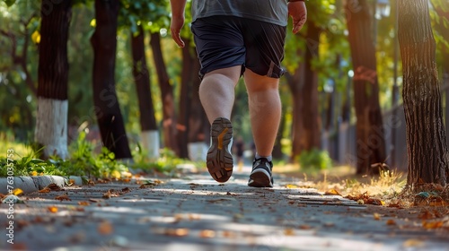 A close-up of an overweight man's legs running in the park. Back view. Weight loss concept. © olz
