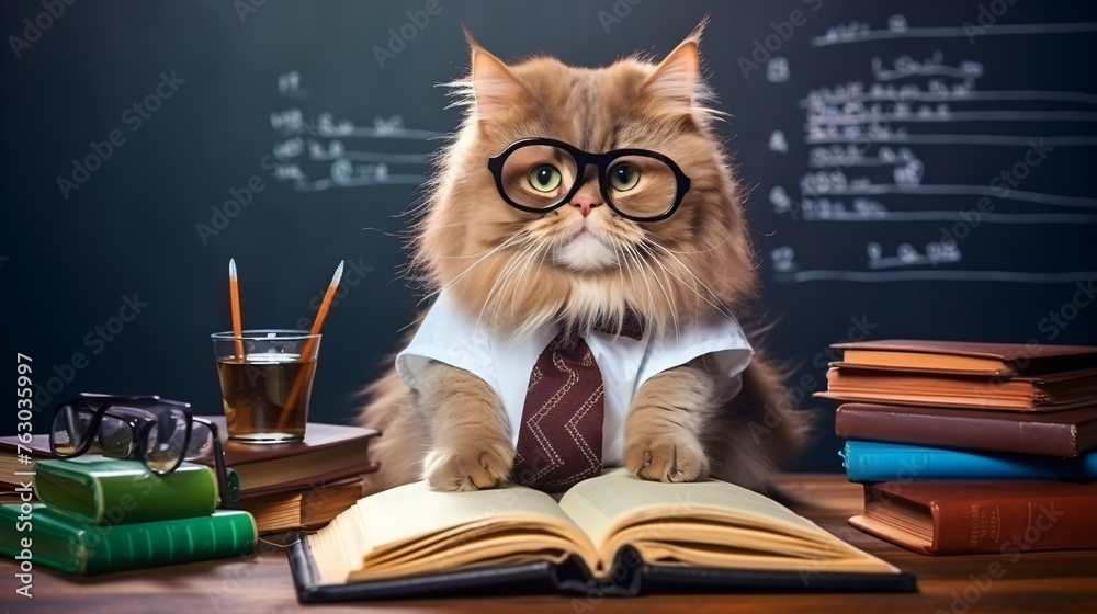 Funny cat professor at school university college with