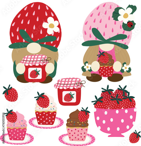 Cute Strawberry Gnomes Collection - Hand Drawn Elements Vector for Decorative Invitation, Greeting, Birthday, Party, Celebration, Wedding, Card, Poster, Banner, Textile, and Wallpaper