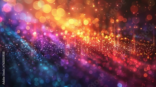 A rainbow bokeh prism overlays a black background with rainbow light flares