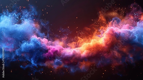 Splash of paint dust with colored powder explosions. Modern realistic clouds of colored powder with burst effect. Isolated on transparent background with copy space for text.